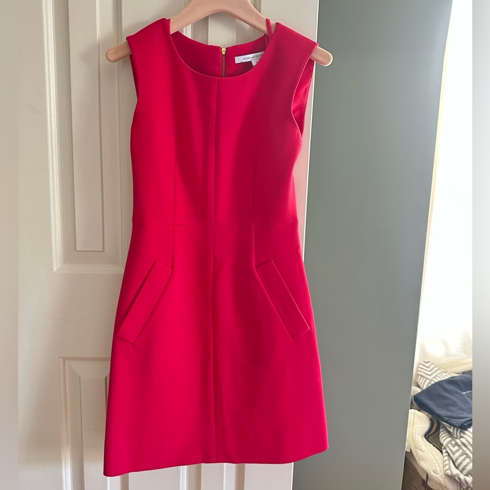 DVF Crew Neck Mini Dress with Pockets in Hot Orchid Pink